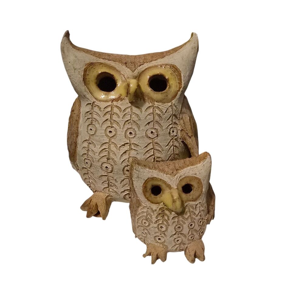 Handmade Clay Mother and Child Owls Figurine Incised Feathers Open Eyes